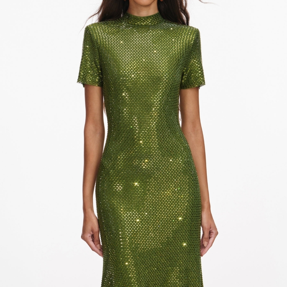 Self-Portrait Olive Rhinestone Mesh Midi Dress - Picture 4 of 7